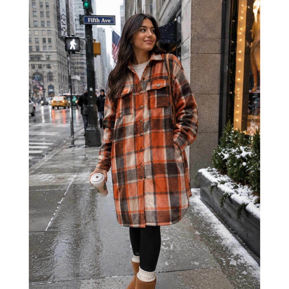 Fashion Orange Plaid Longline Shacket Oversized Flannel Shirt Jacket L